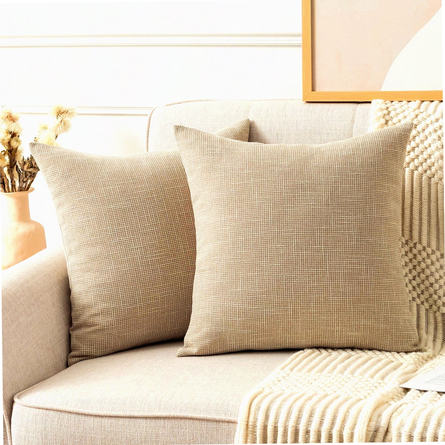 Spring Farmhouse Linen Pillow Covers - Set of 2 Decorative Throw Pillowcases for Sofa Couch Bed Garden - 24x24 Inch Beige - Woven Texture