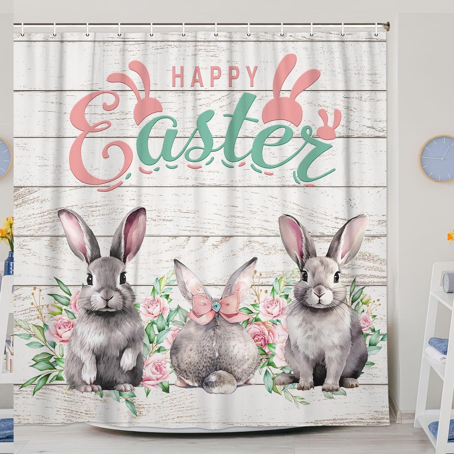 Rabbit Shower Curtain 69x70in Gray Fabric Waterproof