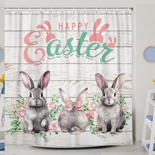Rabbit Shower Curtain 69x70in Gray Fabric Waterproof