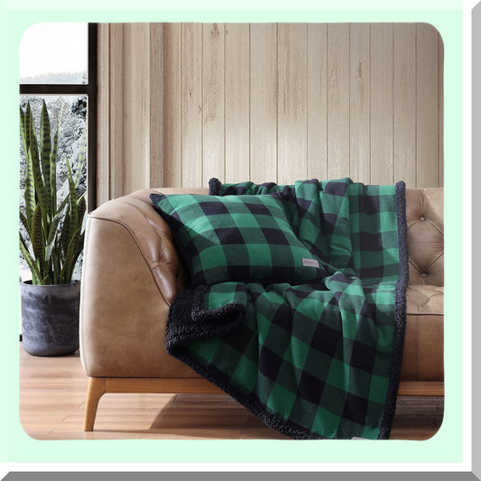 CozyPlaid Reversible Flannel/Sherpa Throw Blanket & Pillow Cover Set - All-Season Green/Black Buffalo Plaid Home Decor Bundle