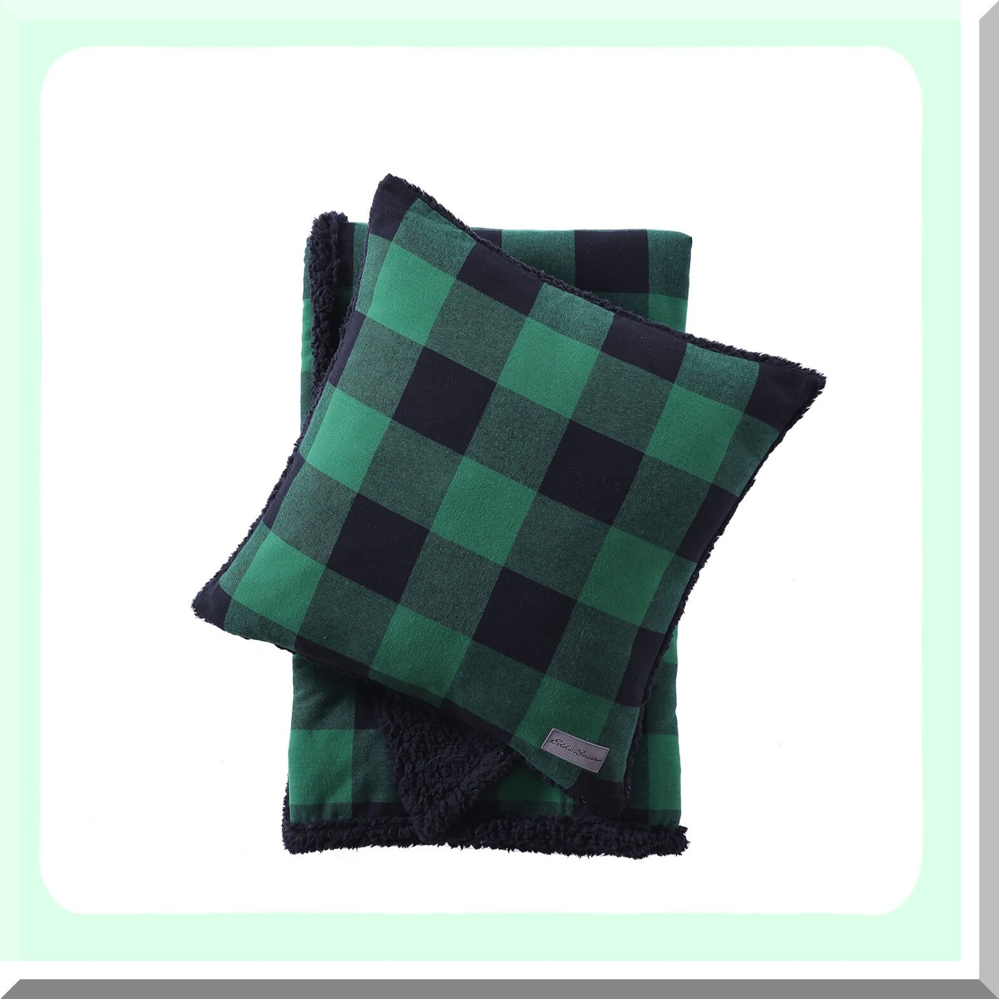 CozyPlaid Reversible Flannel/Sherpa Throw Blanket & Pillow Cover Set - All-Season Green/Black Buffalo Plaid Home Decor Bundle