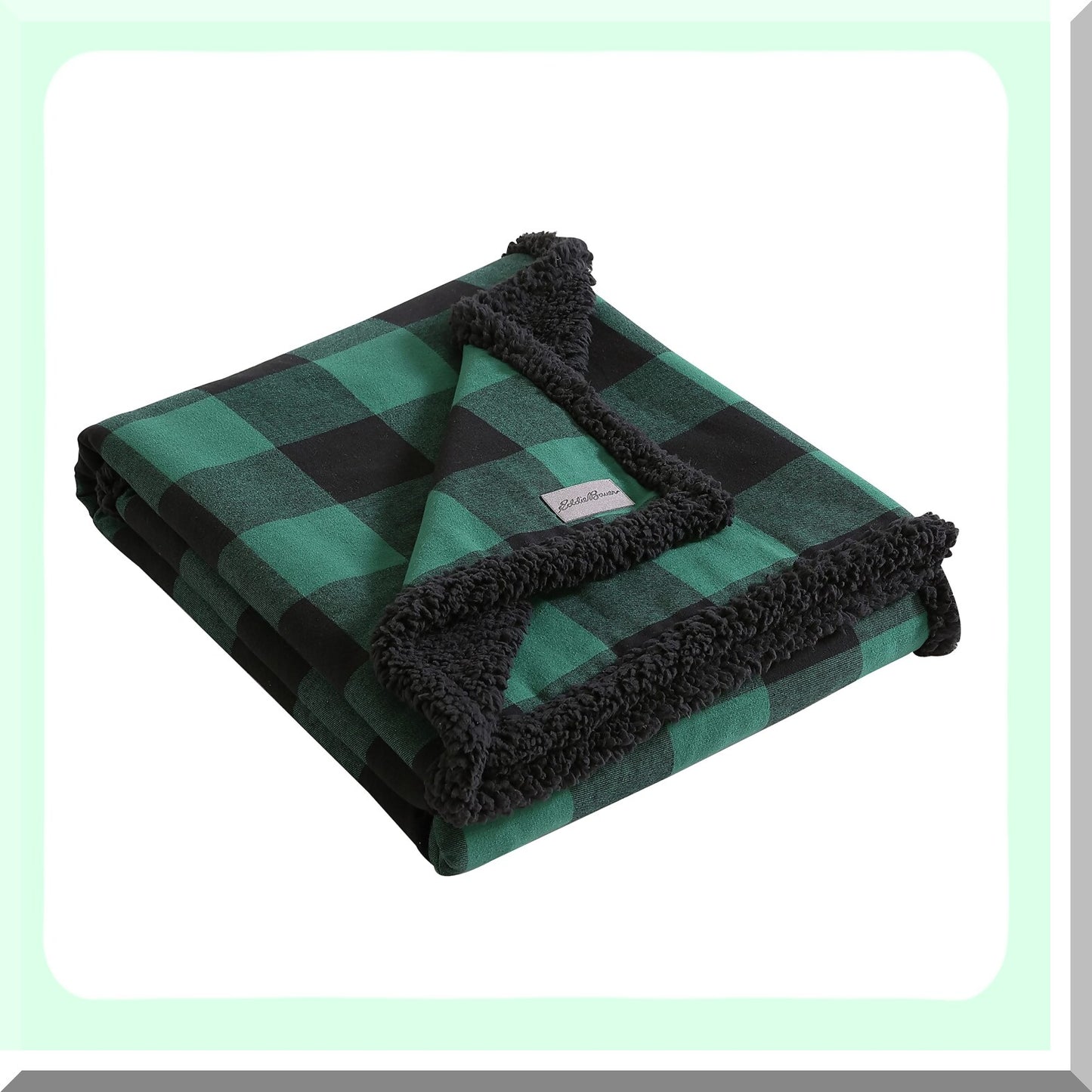 CozyPlaid Reversible Flannel/Sherpa Throw Blanket & Pillow Cover Set - All-Season Green/Black Buffalo Plaid Home Decor Bundle