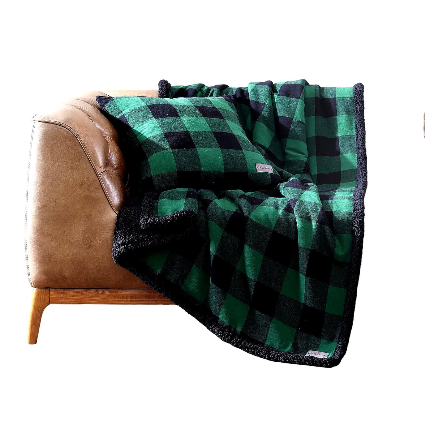 CozyPlaid Reversible Flannel/Sherpa Throw Blanket & Pillow Cover Set - All-Season Green/Black Buffalo Plaid Home Decor Bundle