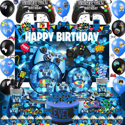 Blue Gamer Party Pack - 218Pcs Video Game Gaming Supplies for Boys Birthday - Backdrop, Table Cover, Cupcake Wrappers, Stickers, Bracelets - Serves 10