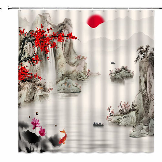 Asian Shower Curtain Red Plum Koi Fish Landscape Fabric