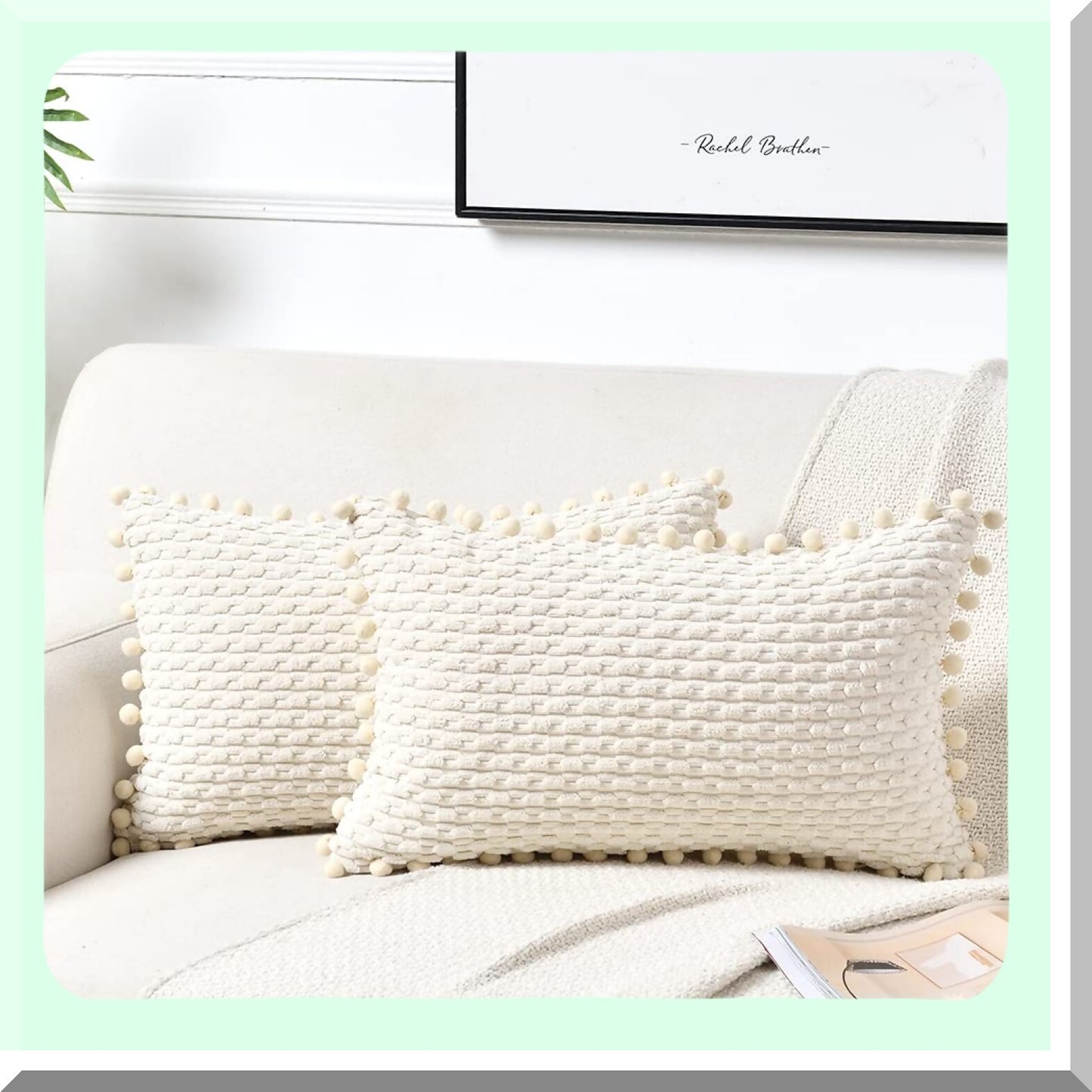 Cream Pom-Pom Lumbar Pillow Set - Modern Farmhouse Decorative Throw Covers for Couch & Bed - Soft Plush Corduroy Rectangle Cushion Case - 12x20 Inch - Boho Home Decor - Sofa Accent - 30x50 cm