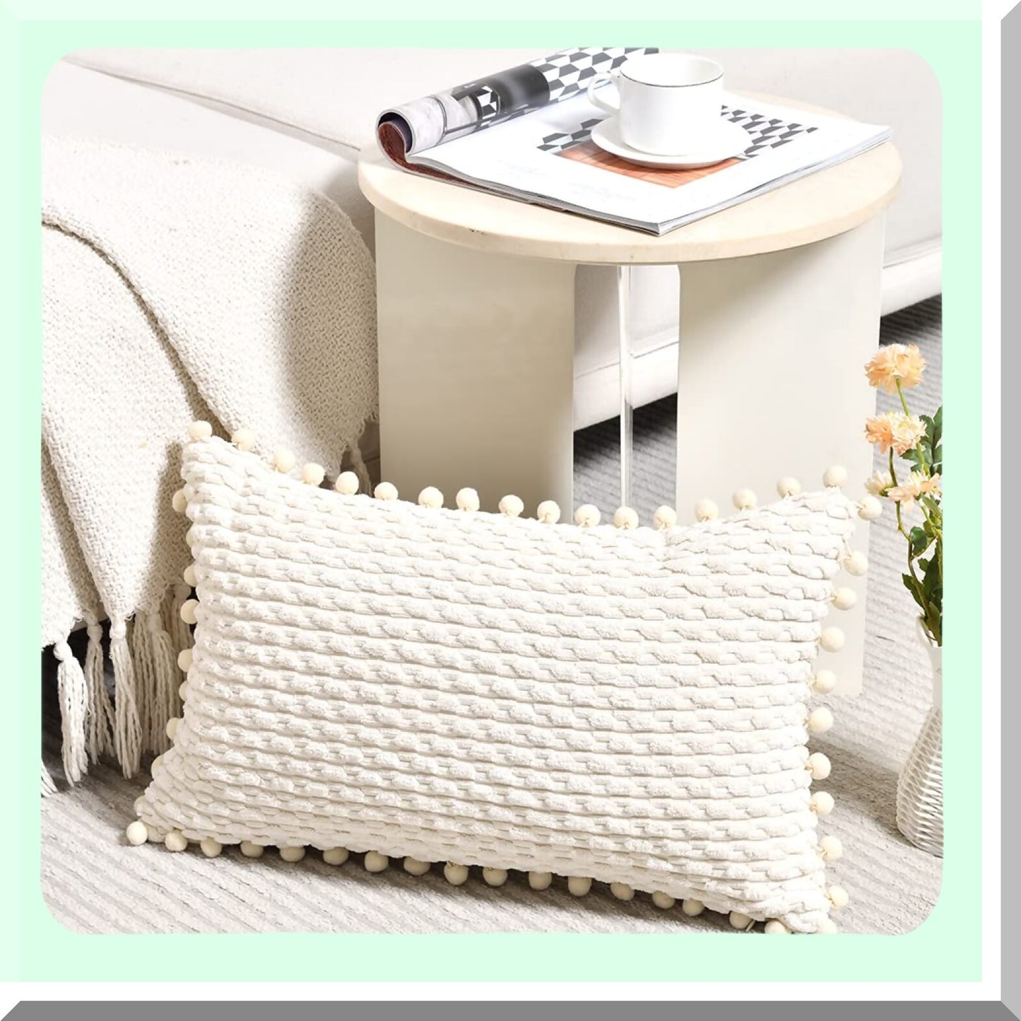 Cream Pom-Pom Lumbar Pillow Set - Modern Farmhouse Decorative Throw Covers for Couch & Bed - Soft Plush Corduroy Rectangle Cushion Case - 12x20 Inch - Boho Home Decor - Sofa Accent - 30x50 cm