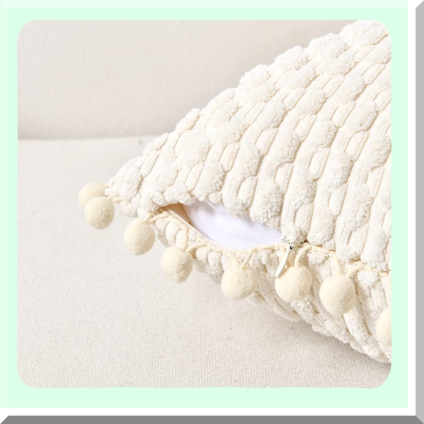 Cream Pom-Pom Lumbar Pillow Set - Modern Farmhouse Decorative Throw Covers for Couch & Bed - Soft Plush Corduroy Rectangle Cushion Case - 12x20 Inch - Boho Home Decor - Sofa Accent - 30x50 cm