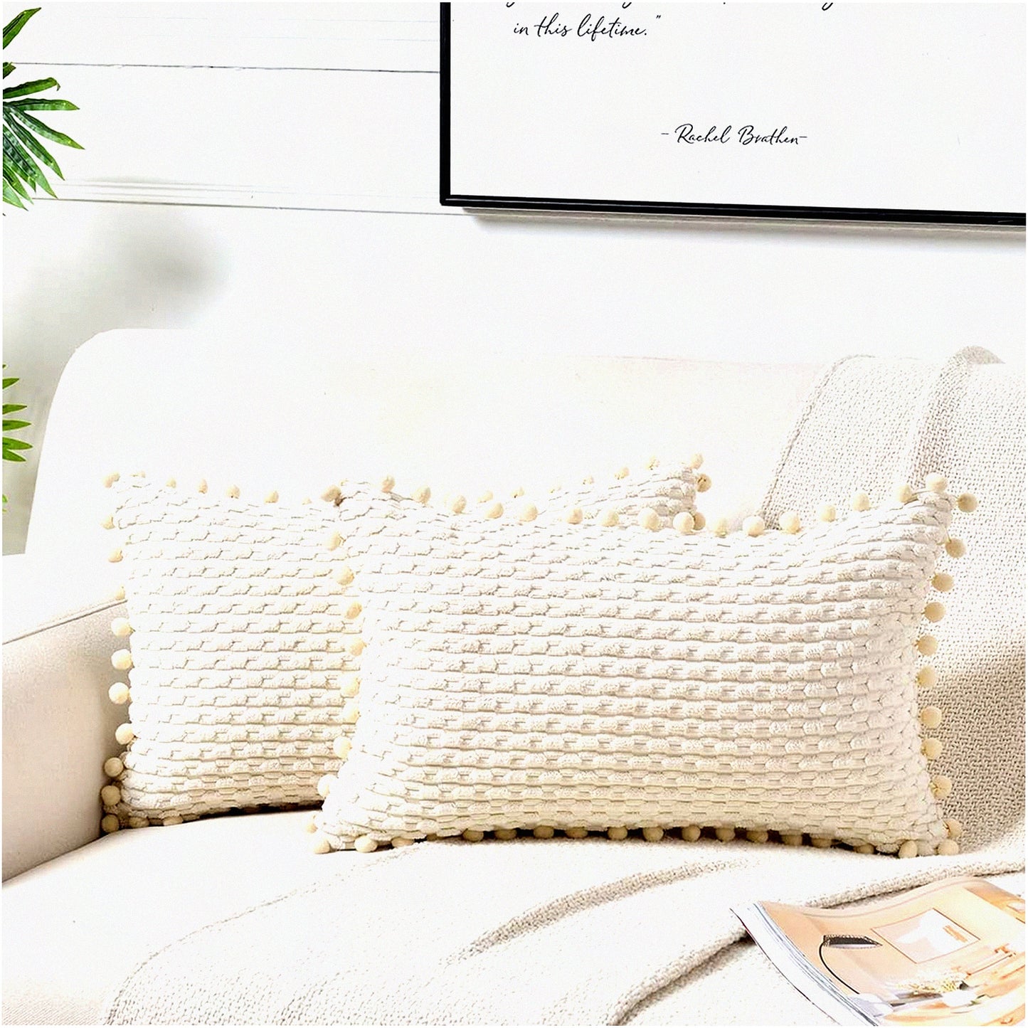 Cream Pom-Pom Lumbar Pillow Set - Modern Farmhouse Decorative Throw Covers for Couch & Bed - Soft Plush Corduroy Rectangle Cushion Case - 12x20 Inch - Boho Home Decor - Sofa Accent - 30x50 cm