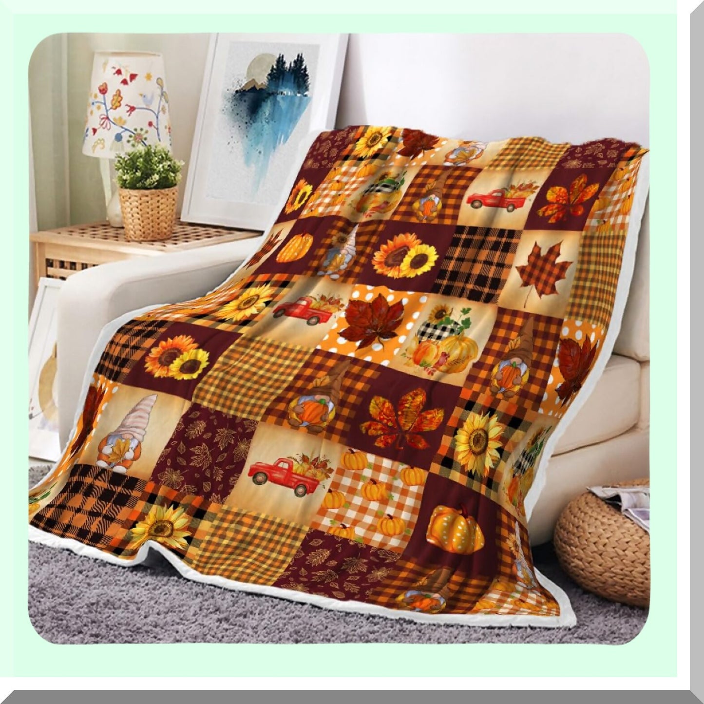 Autumn Harvest Cozy Throw - Soft Fuzzy Plush Blanket for Couch, Sofa, or Bed - Luxury Flannel Lap Blanket with Pumpkin and Leaves Design - Perfect for Kids and Adults
