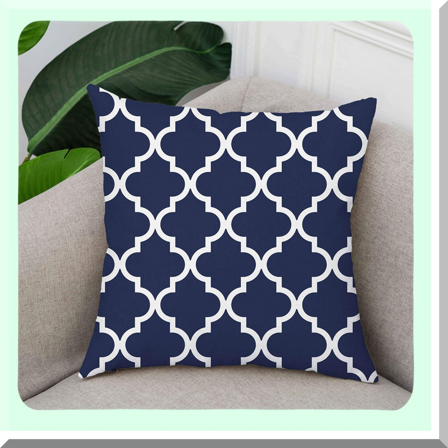 Modern Geometric Accent Pillow Covers - Set of 2 Soft Canvas Throw Cushion Cases for Couch Sofa Home Decor. Hidden Zipper Closure, 18 x 18 Inches, Navy Blue & White.