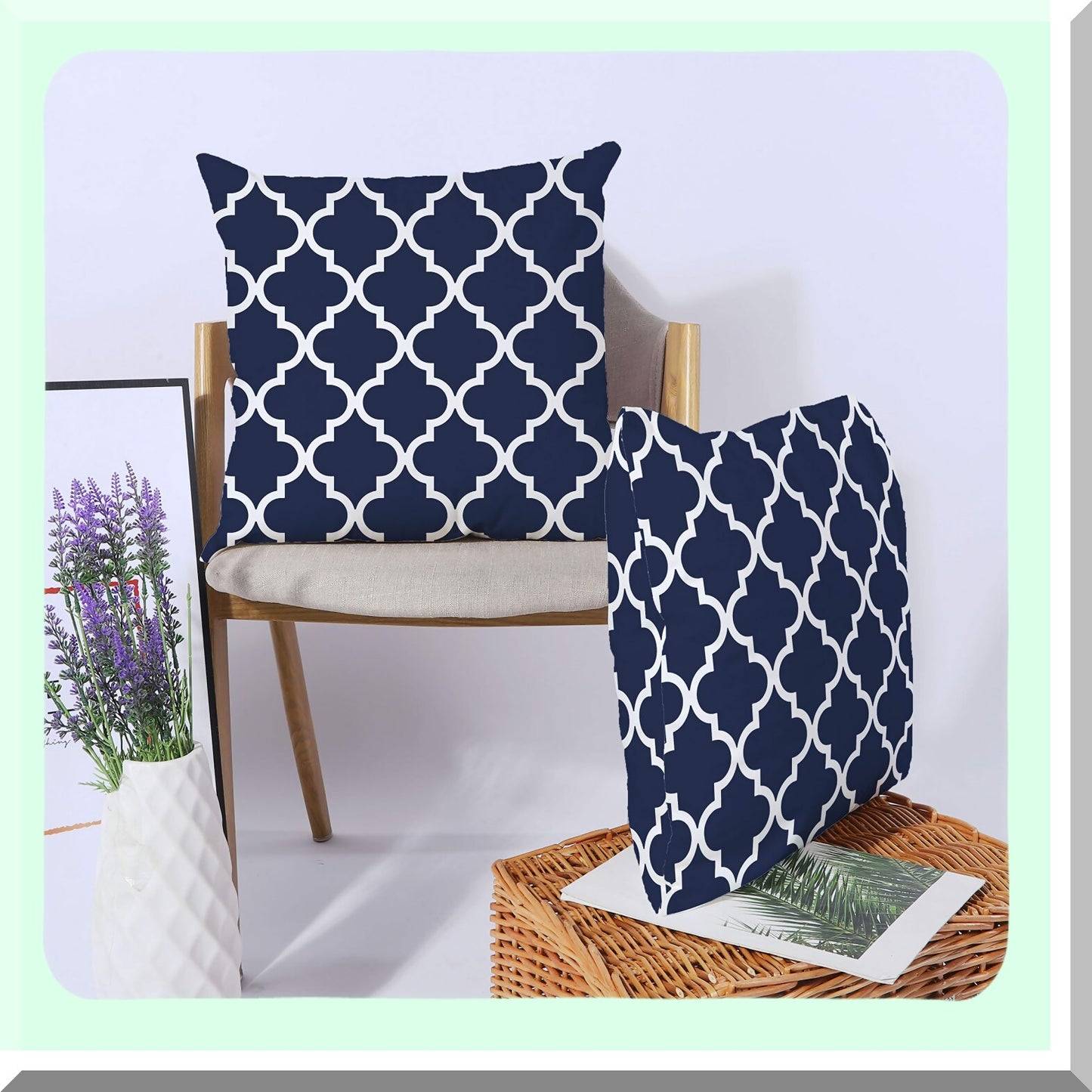 Modern Geometric Accent Pillow Covers - Set of 2 Soft Canvas Throw Cushion Cases for Couch Sofa Home Decor. Hidden Zipper Closure, 18 x 18 Inches, Navy Blue & White.