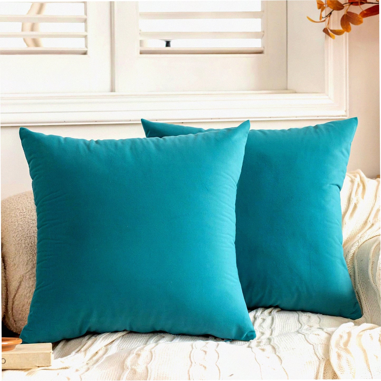 Luxury Teal Velvet Pillowcase Set - 18x18 Decorative Square Cushion Covers - Soft Solid Throw Pillow Covers for Bedroom & Living Room Decor