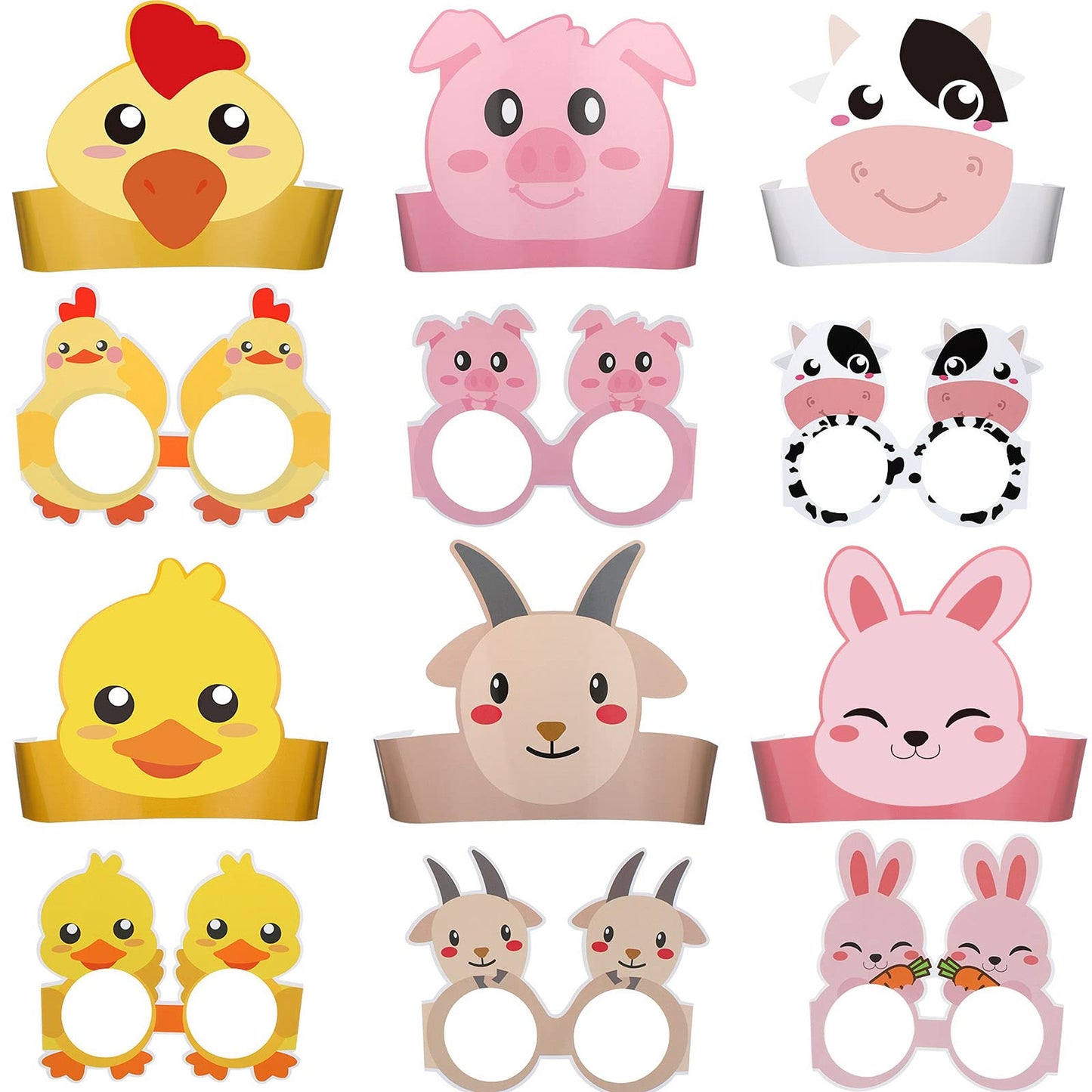 Farm Animal Party Paper Crowns and Eyeglasses Set for Kids