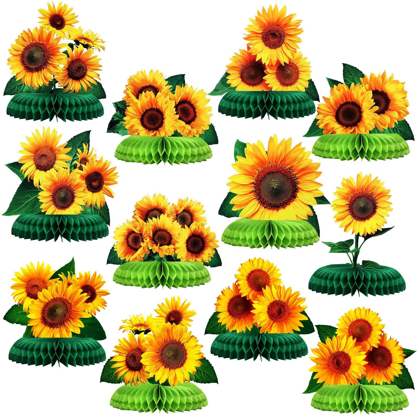Sunflower Bliss Table Decor Set - 12 Pcs Sunflower Honeycomb Centerpieces & Table Toppers for Baby Shower, Birthday, Wedding - Party Supplies