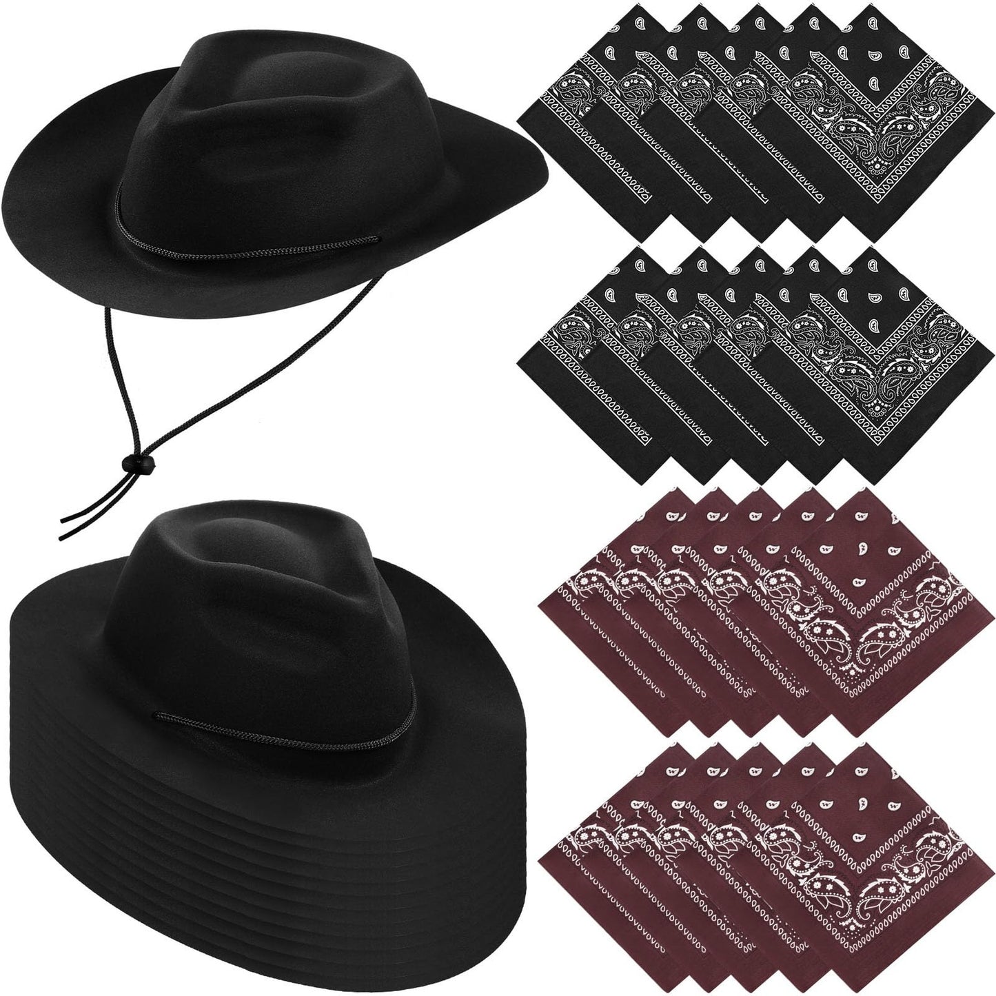 Wild West Party Pack - 48 Piece Cowboy Hat and Bandana Set for Women and Men. Includes Felt Cowboy Party Hats and Western Bandanas in Black and Brown.