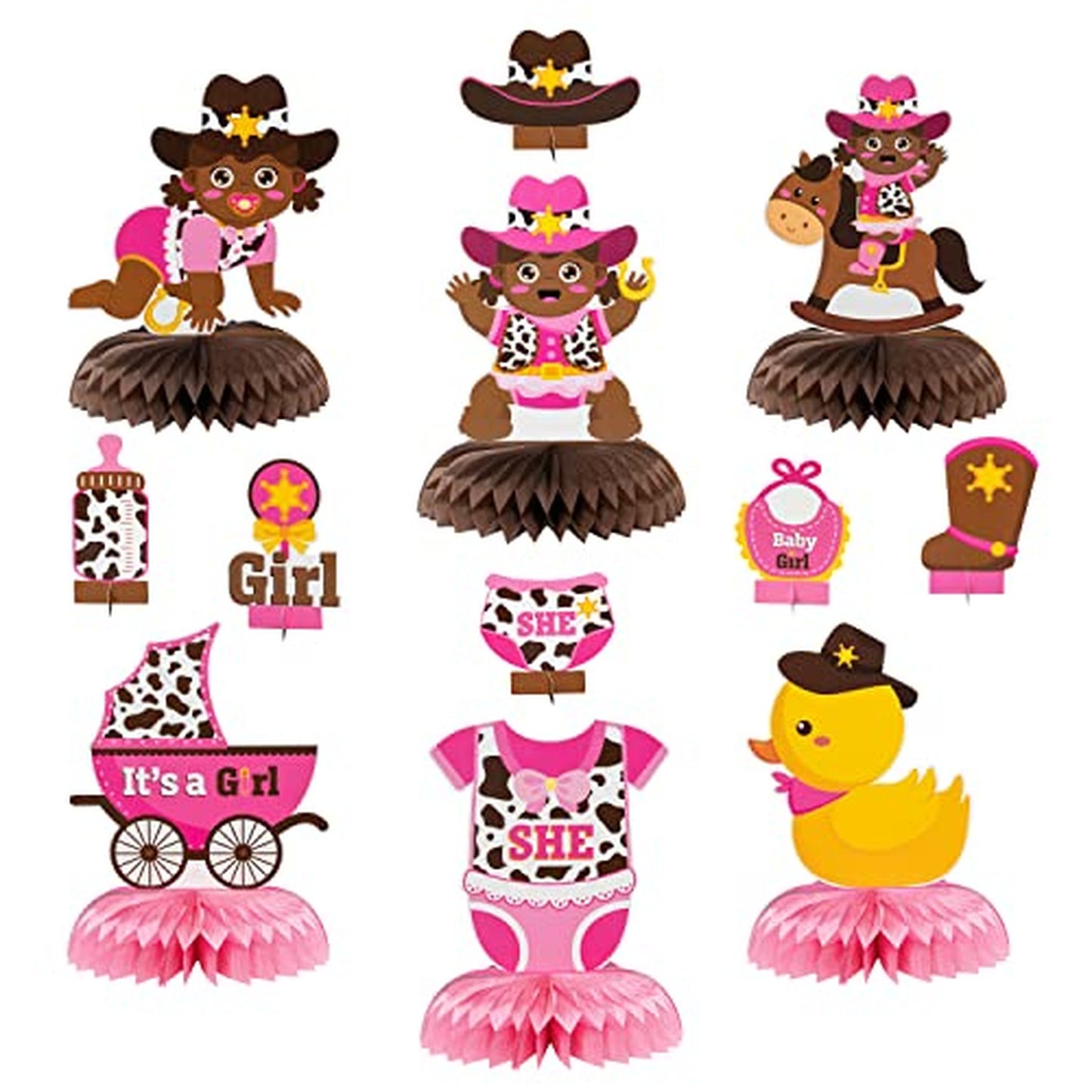 Cowgirl Rodeo Party Centerpieces - Wild West Horse Decorations for Baby Shower, Birthday, Gender Reveal - Western Table Toppers - 12Pcs Honeycomb Theme