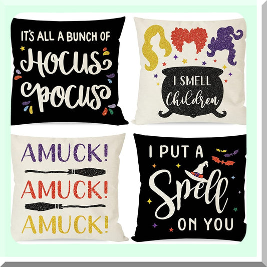 Fall Magic Pillow Covers Set of 4 - Sanderson Sisters Brew Hat Design - Black Decorative Throw Pillow Cases 18x18 Indoor Outdoor Decor - Hocus Pocus Inspired Home Decorations