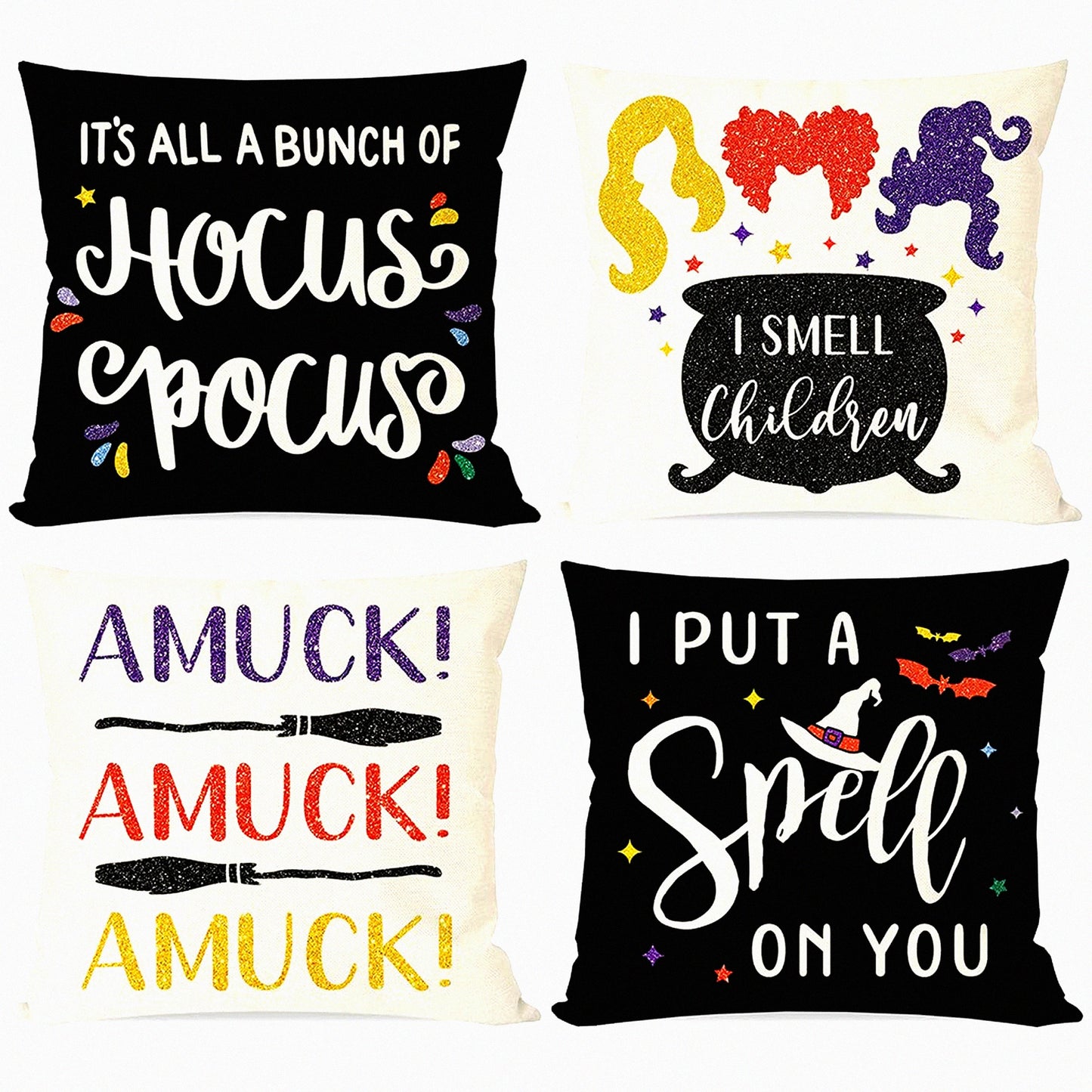 Fall Magic Pillow Covers Set of 4 - Sanderson Sisters Brew Hat Design - Black Decorative Throw Pillow Cases 18x18 Indoor Outdoor Decor - Hocus Pocus Inspired Home Decorations