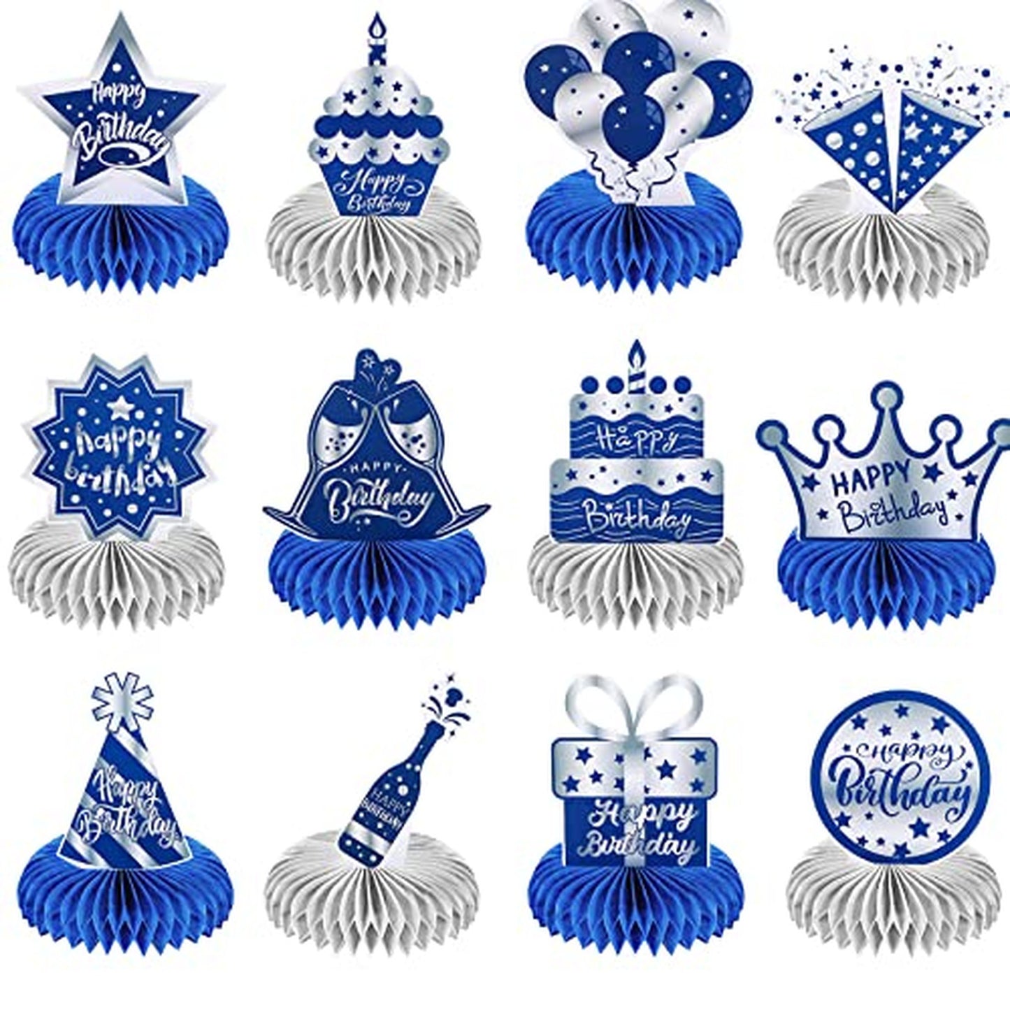 Blue Silver Honeycomb Birthday Centerpieces - Set of 12 Paper Table Decorations for Boys Party. Royal Decorations for Men and Kids Birthday Celebration.