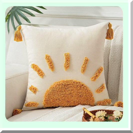 Boho Sun Tufted Tassel Pillow Cover - Rustic Farmhouse Decorative Cushion Case for Couch, Living Room & Outdoor - 18x18 Inch - Modern Home Accent - 1Pc