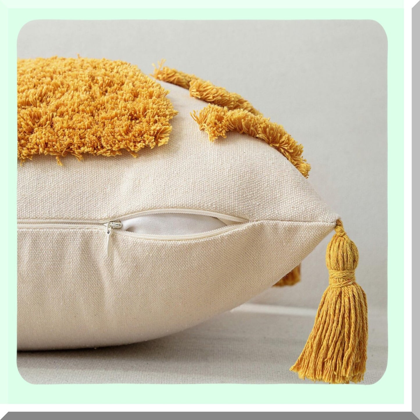 Boho Sun Tufted Tassel Pillow Cover - Rustic Farmhouse Decorative Cushion Case for Couch, Living Room & Outdoor - 18x18 Inch - Modern Home Accent - 1Pc