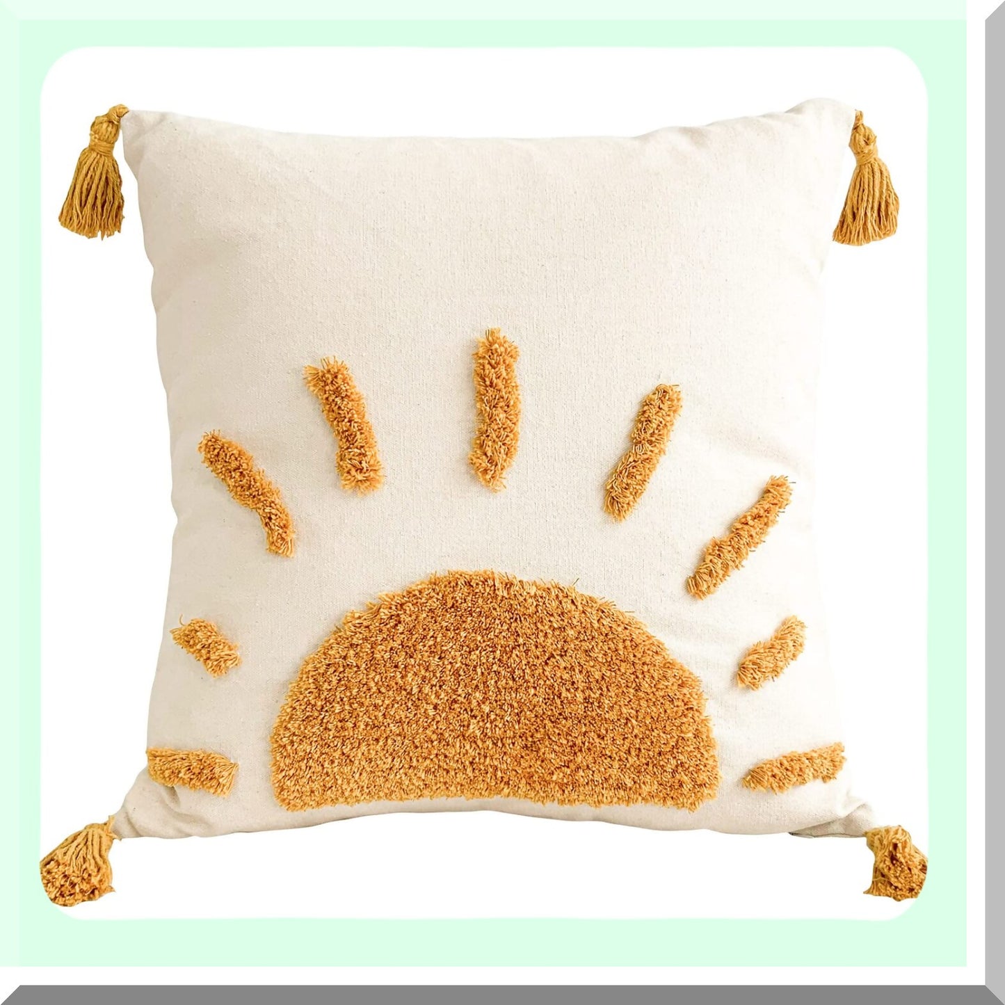 Boho Sun Tufted Tassel Pillow Cover - Rustic Farmhouse Decorative Cushion Case for Couch, Living Room & Outdoor - 18x18 Inch - Modern Home Accent - 1Pc