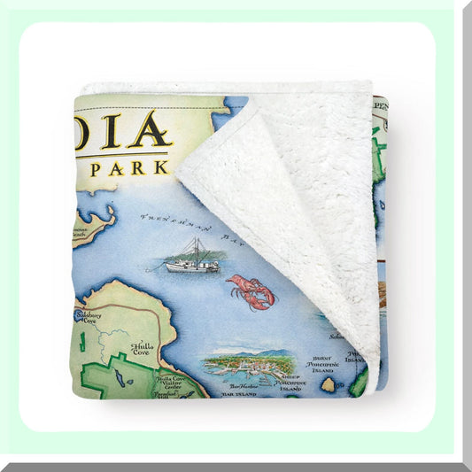 Acadia Adventure Map Fleece Blanket - Hand-Drawn Art, Soft & Cozy Throw for Couch, Perfect Unique Gift, 58"x50"