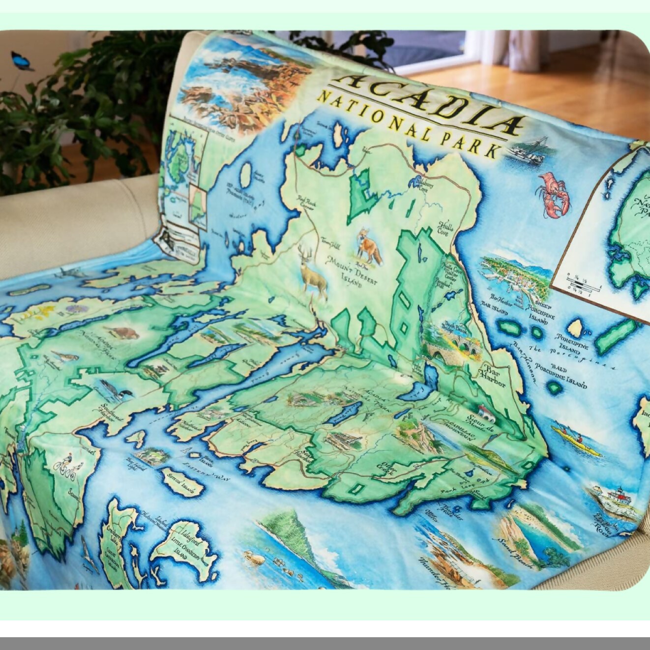 Acadia Adventure Map Fleece Blanket - Hand-Drawn Art, Soft & Cozy Throw for Couch, Perfect Unique Gift, 58"x50"