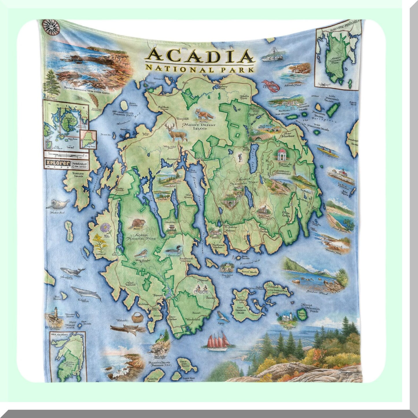 Acadia Adventure Map Fleece Blanket - Hand-Drawn Art, Soft & Cozy Throw for Couch, Perfect Unique Gift, 58"x50"