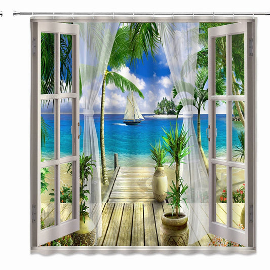 Beach Ocean View Shower Curtain Tropical Green Palm Trees 70x70 Inch
