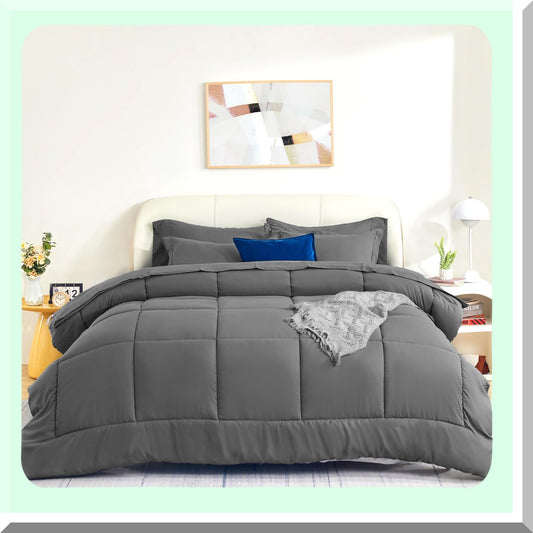 CoolBreeze Reversible Queen Comforter Set - All Season Soft Breathable Bedding with Down Alternative Fill, Square Quilting in Grey Color.