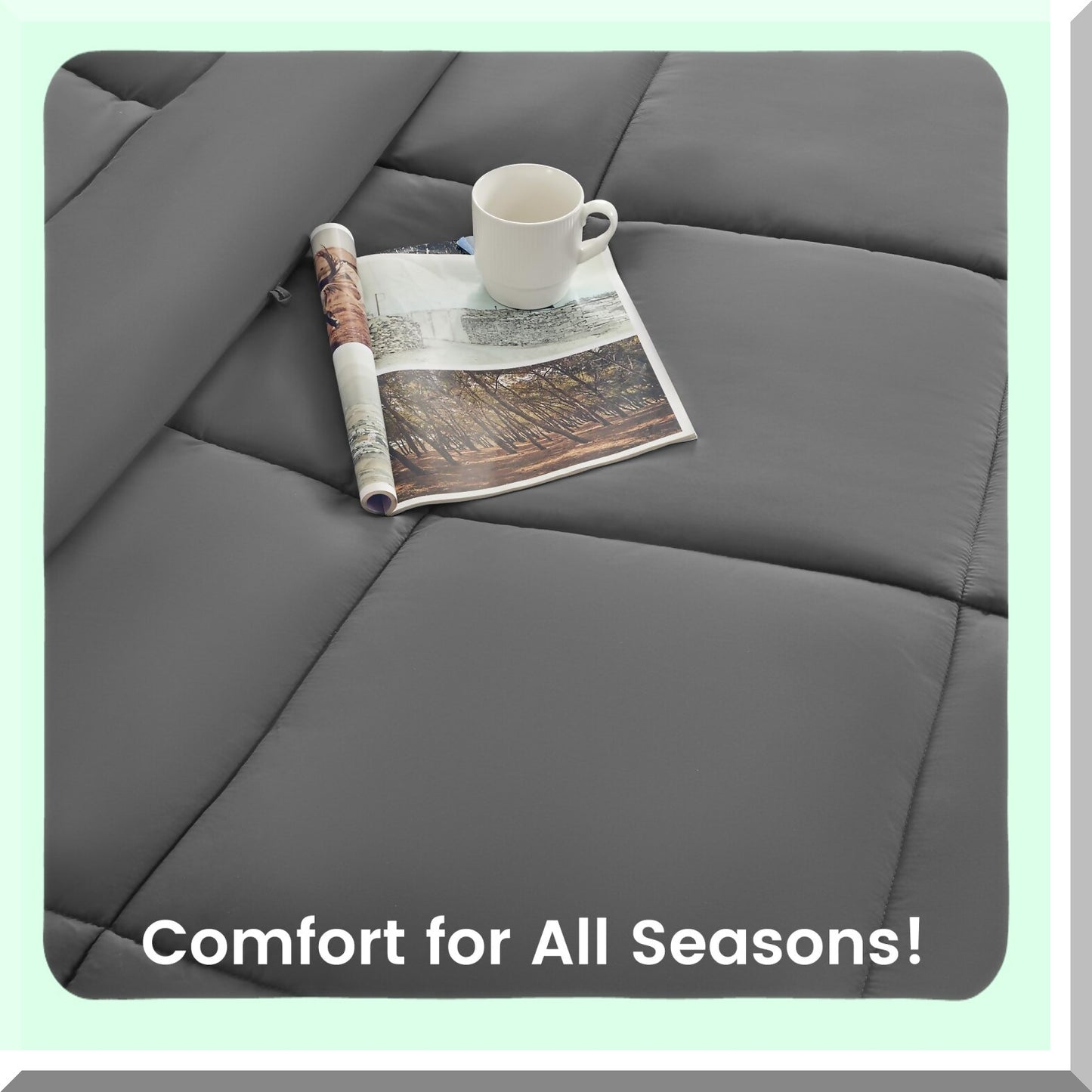 CoolBreeze Reversible Queen Comforter Set - All Season Soft Breathable Bedding with Down Alternative Fill, Square Quilting in Grey Color.