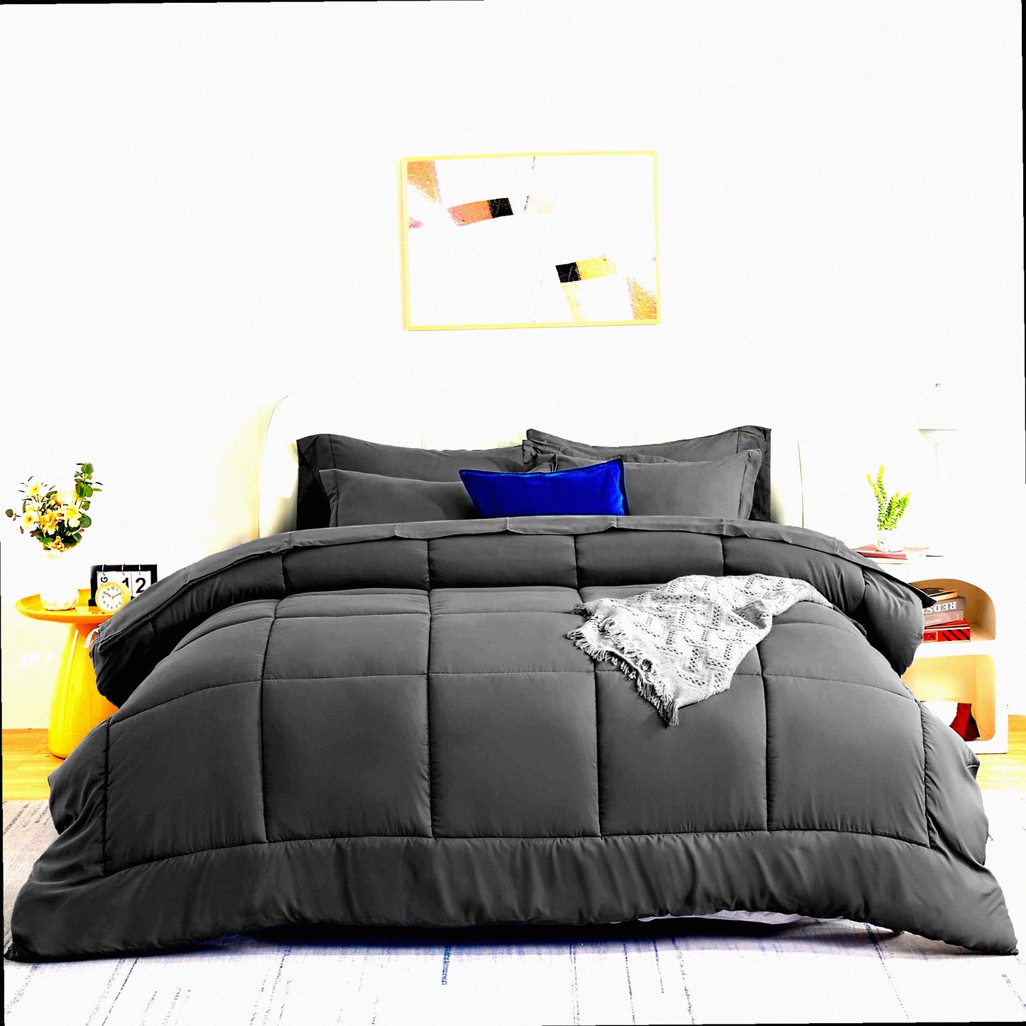 CoolBreeze Reversible Queen Comforter Set - All Season Soft Breathable Bedding with Down Alternative Fill, Square Quilting in Grey Color.