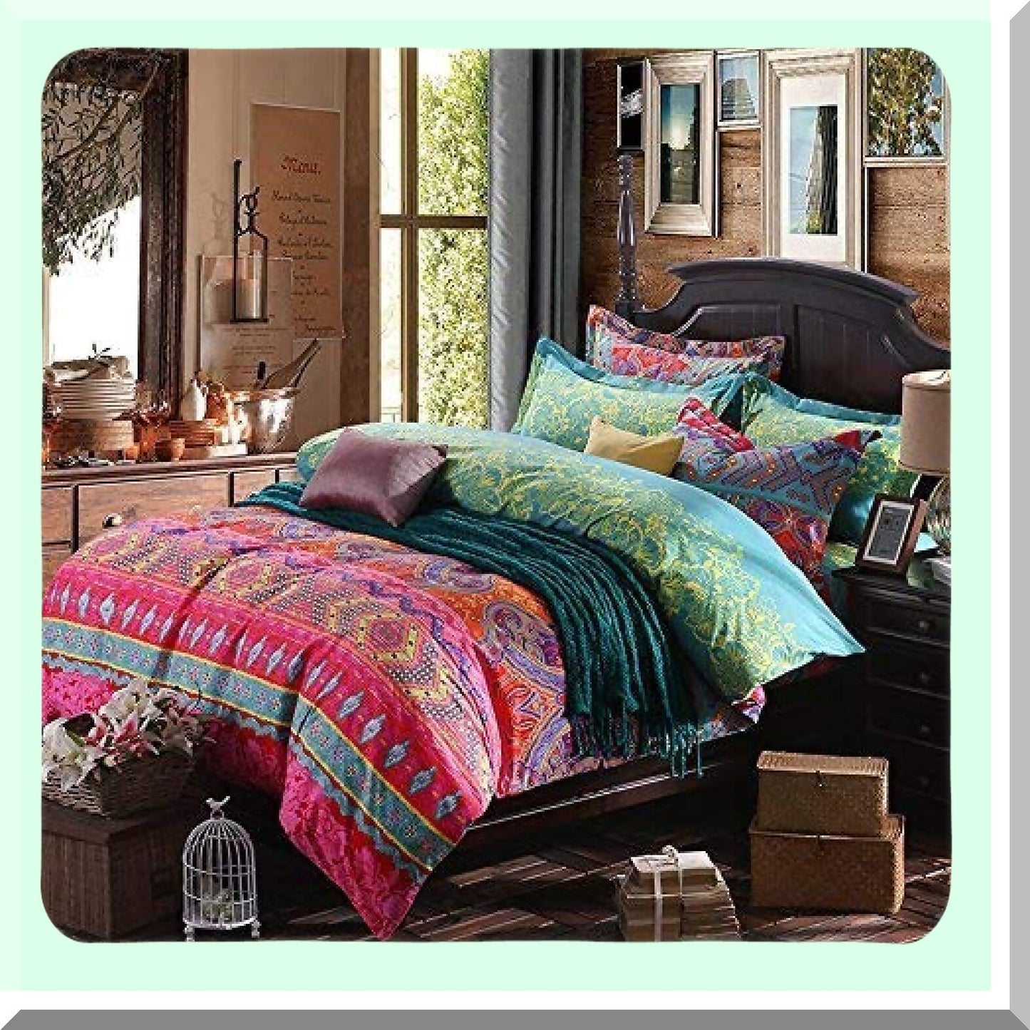Boho Stripe Cotton Duvet Set - Exotic Floral Bedding Twin - Brushed Comforter Cover - 3 Piece Bohemian Bed Set