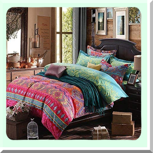 Boho Stripe Cotton Duvet Set - Exotic Floral Bedding Twin - Brushed Comforter Cover - 3 Piece Bohemian Bed Set