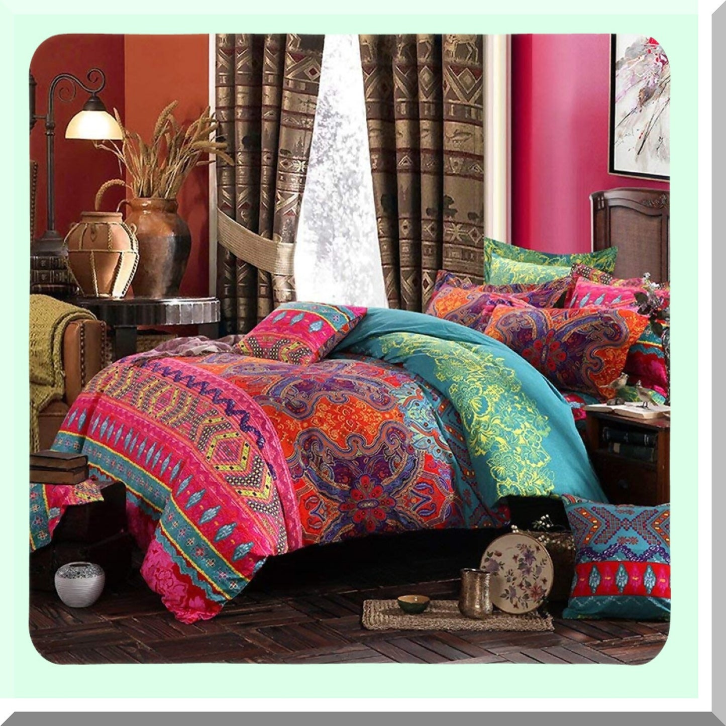 Boho Stripe Cotton Duvet Set - Exotic Floral Bedding Twin - Brushed Comforter Cover - 3 Piece Bohemian Bed Set