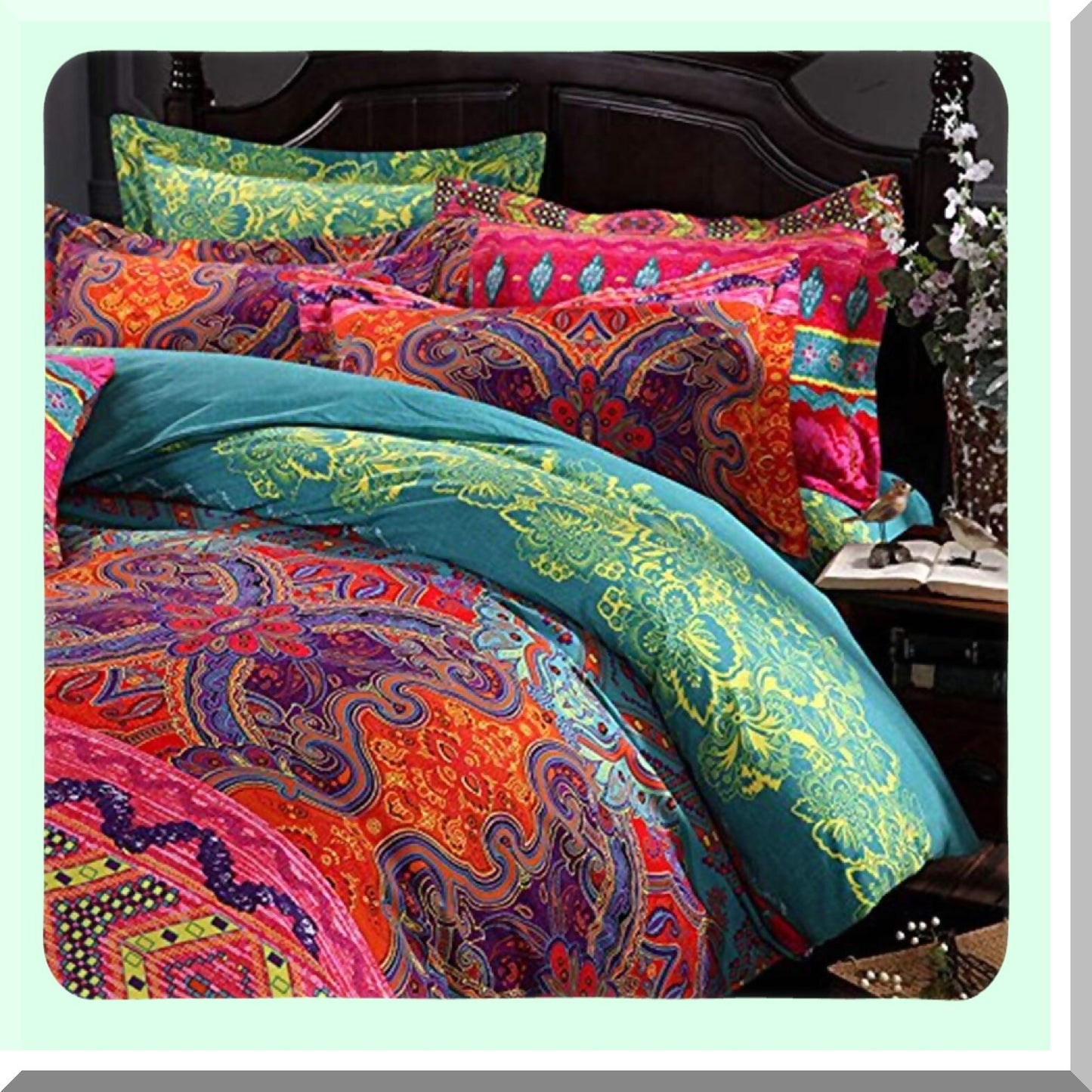 Boho Stripe Cotton Duvet Set - Exotic Floral Bedding Twin - Brushed Comforter Cover - 3 Piece Bohemian Bed Set