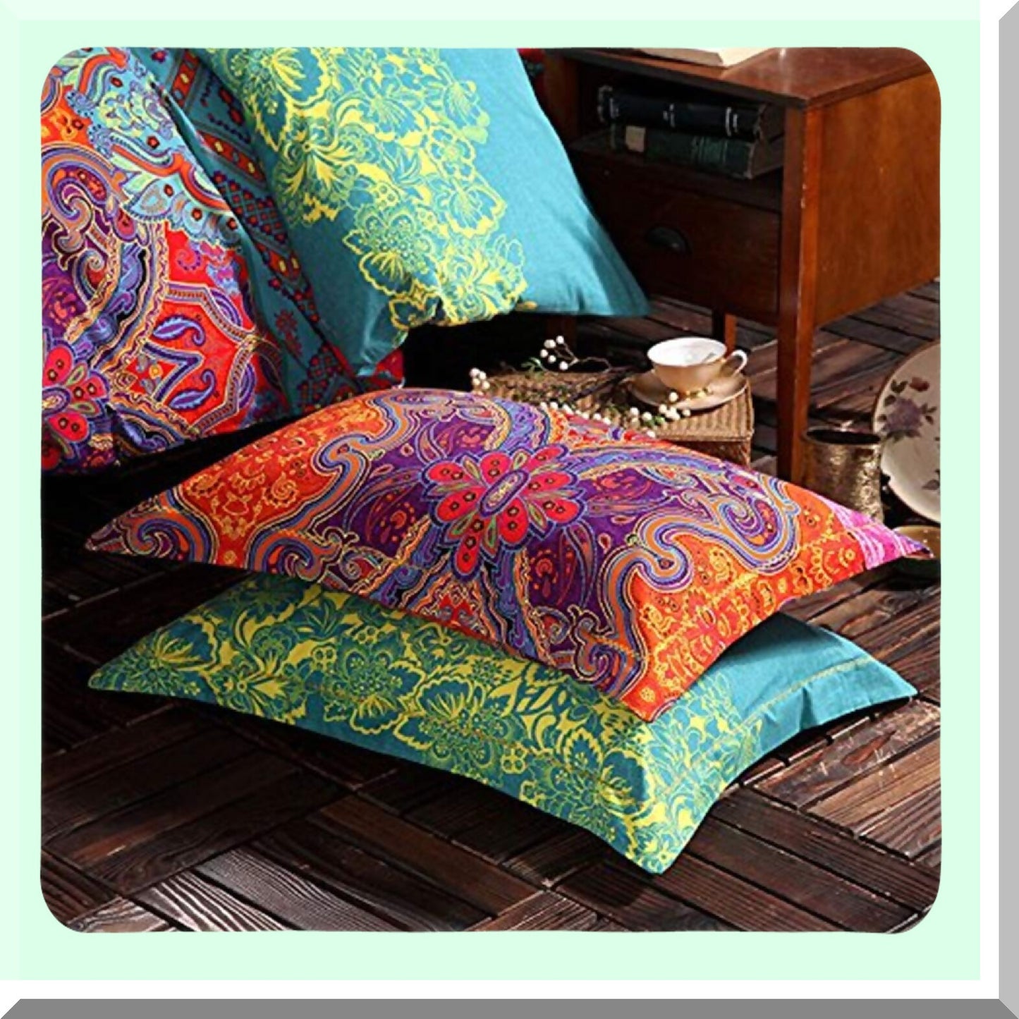 Boho Stripe Cotton Duvet Set - Exotic Floral Bedding Twin - Brushed Comforter Cover - 3 Piece Bohemian Bed Set