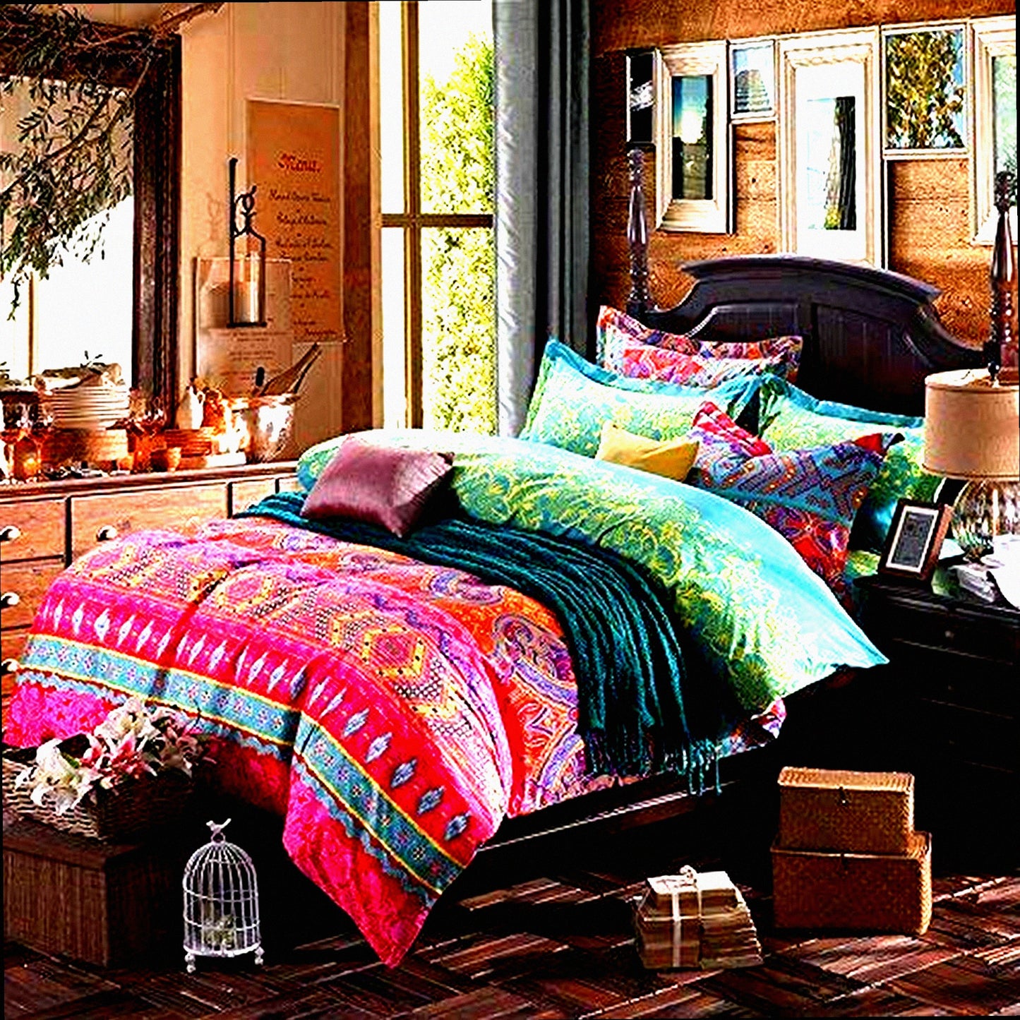 Boho Stripe Cotton Duvet Set - Exotic Floral Bedding Twin - Brushed Comforter Cover - 3 Piece Bohemian Bed Set