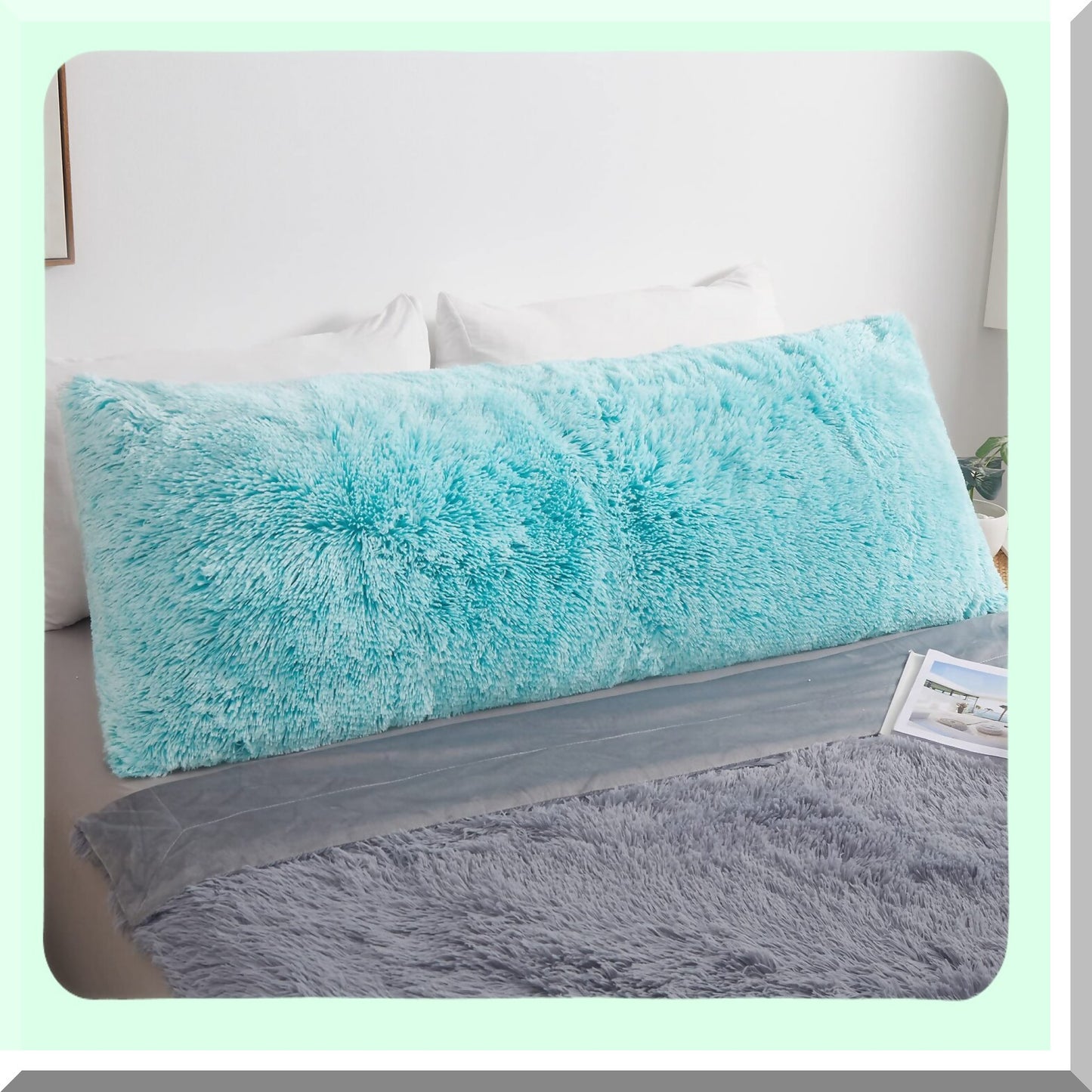 AquaFur Plush Body Pillowcase - Boho Fuzzy Long Throw Pillow Cover - Mint Fluffy Rectangular Cushion Case - Zippered Ombre Green Cover 20x54