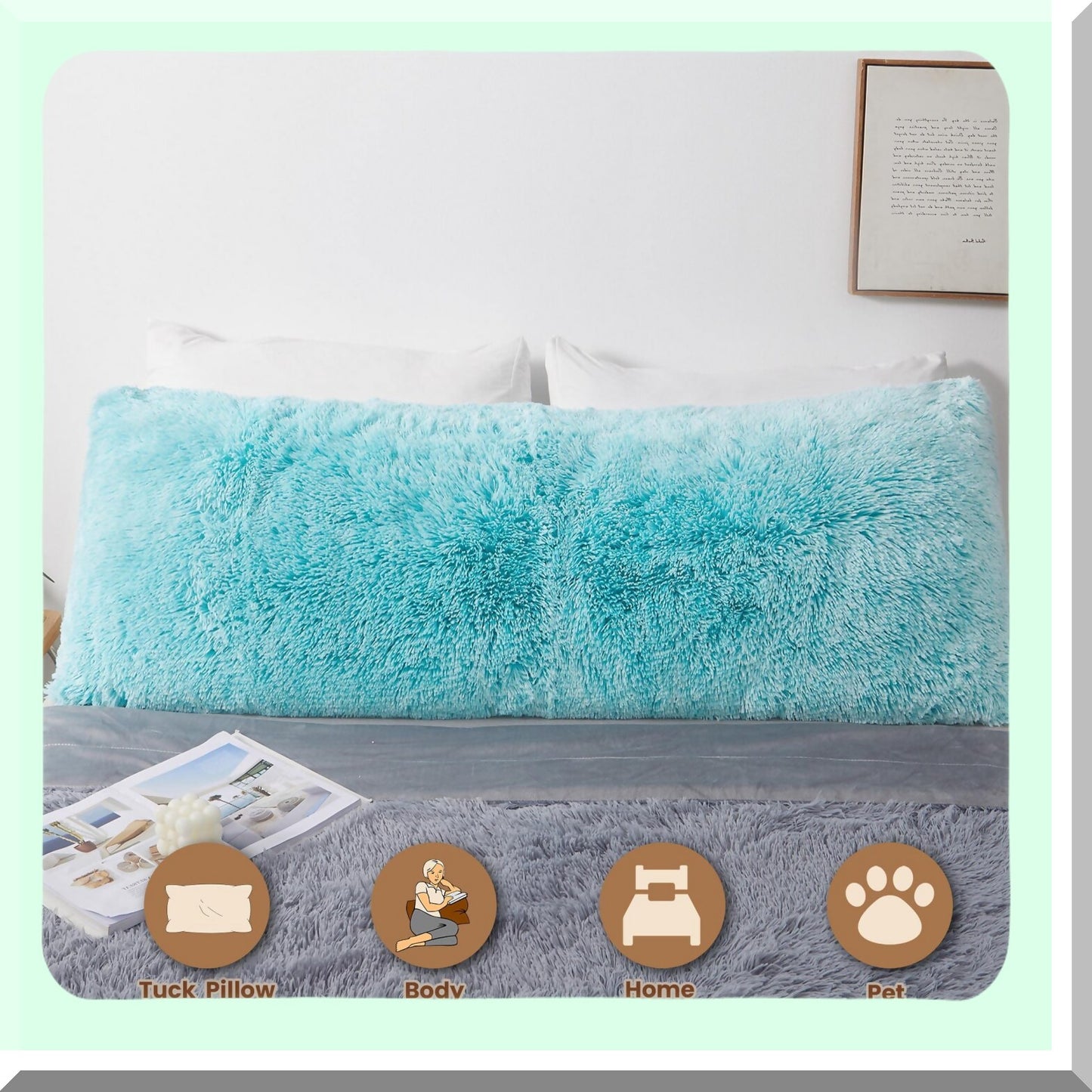 AquaFur Plush Body Pillowcase - Boho Fuzzy Long Throw Pillow Cover - Mint Fluffy Rectangular Cushion Case - Zippered Ombre Green Cover 20x54