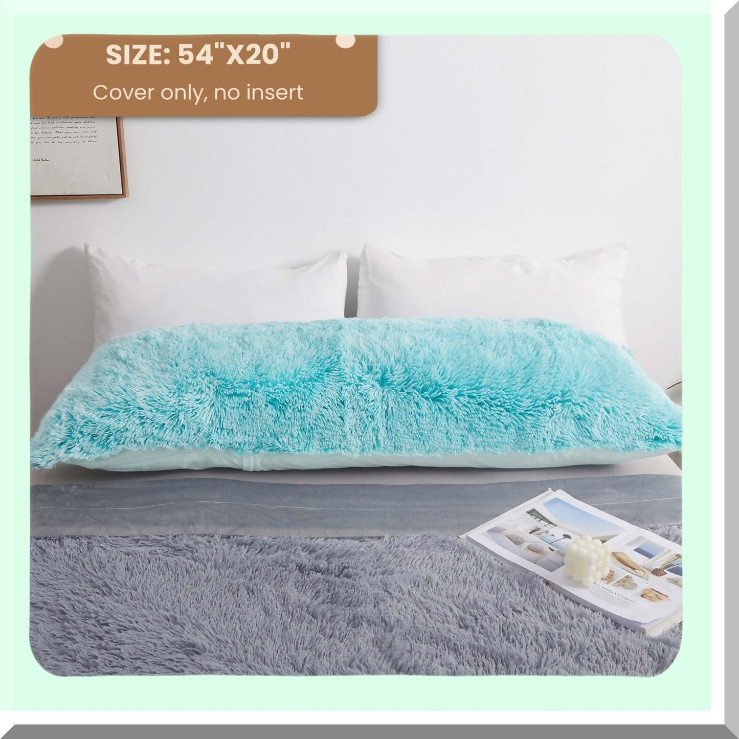 AquaFur Plush Body Pillowcase - Boho Fuzzy Long Throw Pillow Cover - Mint Fluffy Rectangular Cushion Case - Zippered Ombre Green Cover 20x54