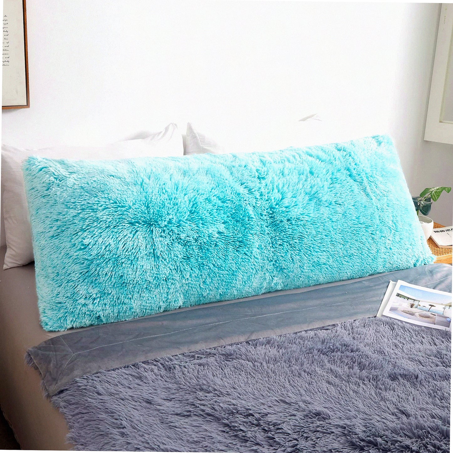 AquaFur Plush Body Pillowcase - Boho Fuzzy Long Throw Pillow Cover - Mint Fluffy Rectangular Cushion Case - Zippered Ombre Green Cover 20x54