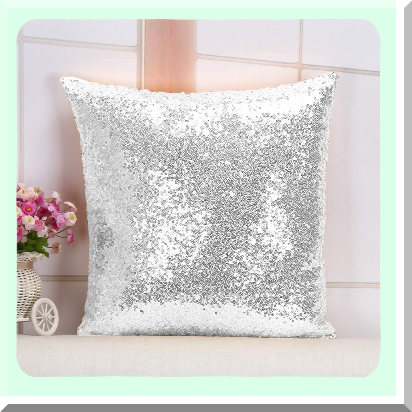 SparkleLux Sequin Lumbar Pillow Cover - Silver Glitter Sofa Case 12x12 - Designer Small Decorative Throw Pillow Cover - Sparkly Sequined Cushion Cover