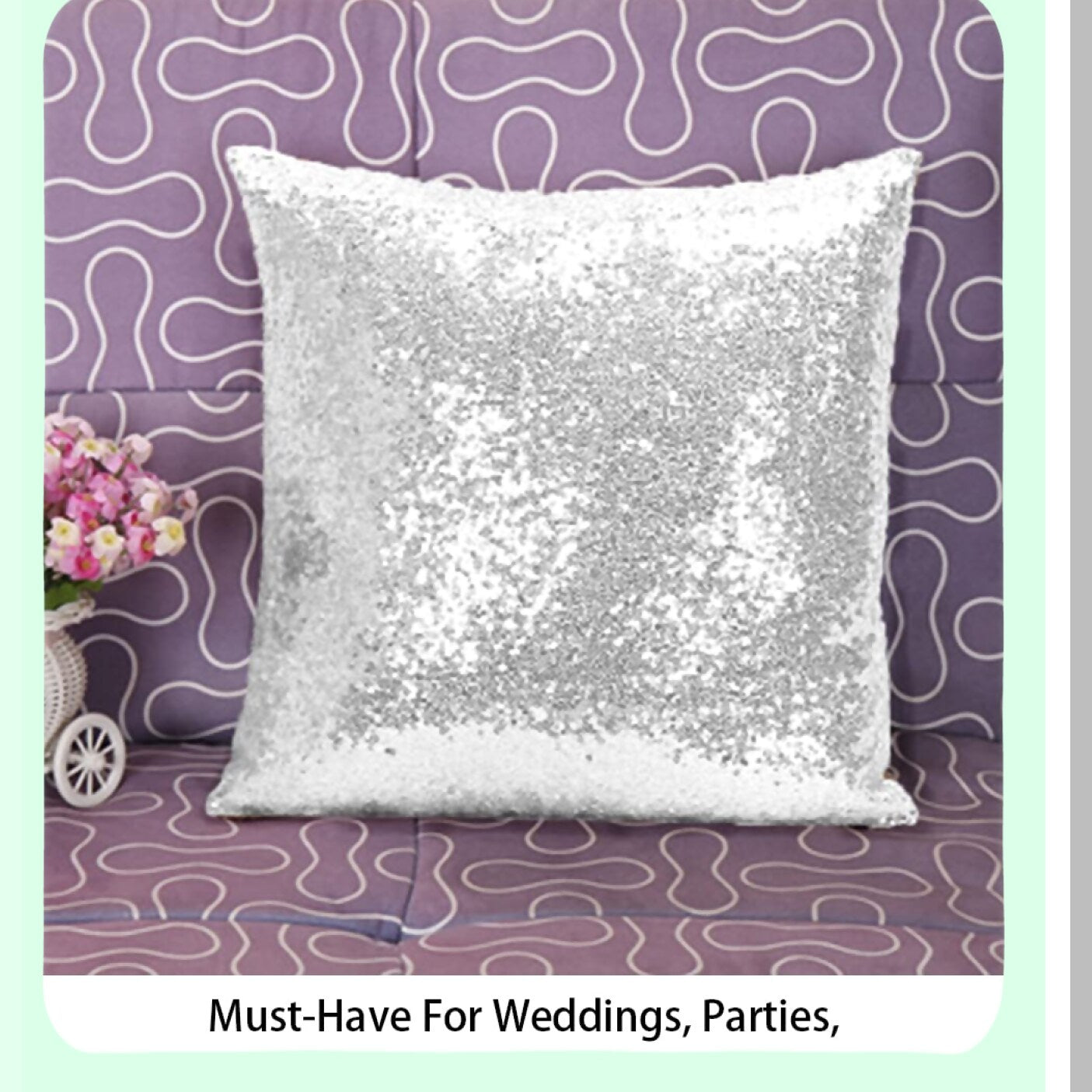 SparkleLux Sequin Lumbar Pillow Cover - Silver Glitter Sofa Case 12x12 - Designer Small Decorative Throw Pillow Cover - Sparkly Sequined Cushion Cover