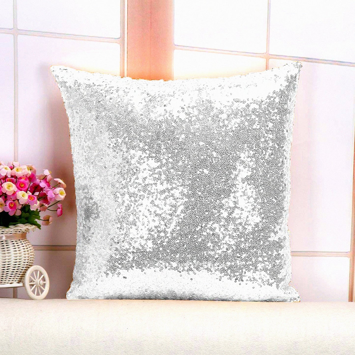 SparkleLux Sequin Lumbar Pillow Cover - Silver Glitter Sofa Case 12x12 - Designer Small Decorative Throw Pillow Cover - Sparkly Sequined Cushion Cover