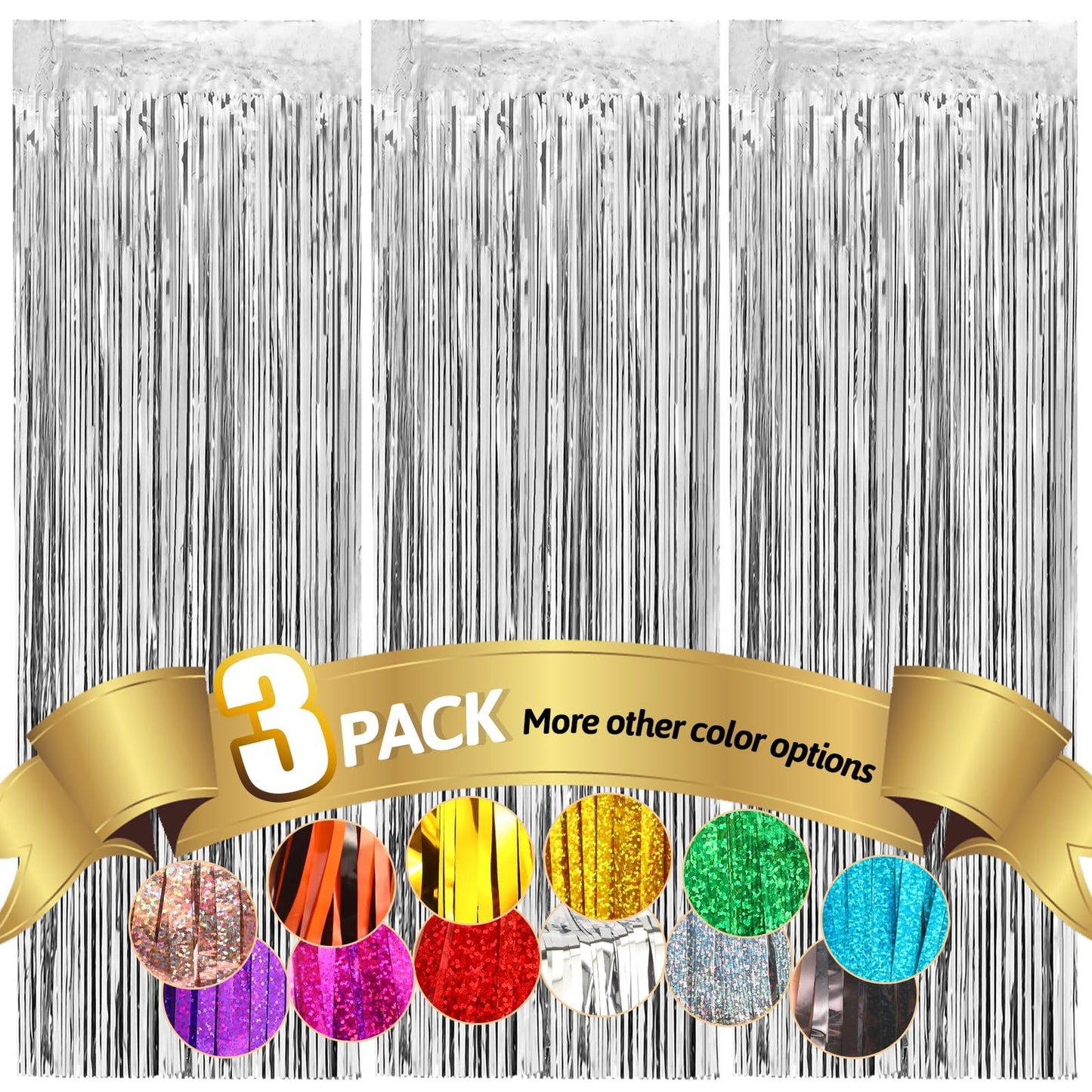 Silver Tinsel Fringe Party Curtains - 3 Pack Metallic Streamer for Photo Booth Props, Bachelorette, Birthday, Bridal Shower Decorations - 3.3X 8.2Ft