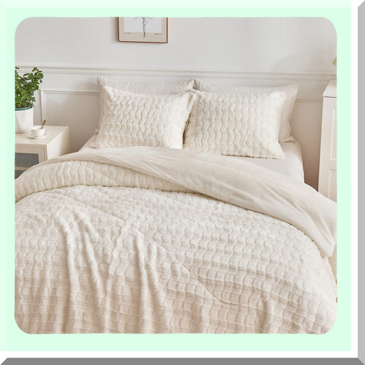 Ultra Fluffy Ivory White Rabbit Comforter Set - Luxury Plush Bedding with Rectangle Pattern - Soft Fuzzy 3 Piece Bed Set (1 Comforter + 2 Pillowcases) - Full Size
