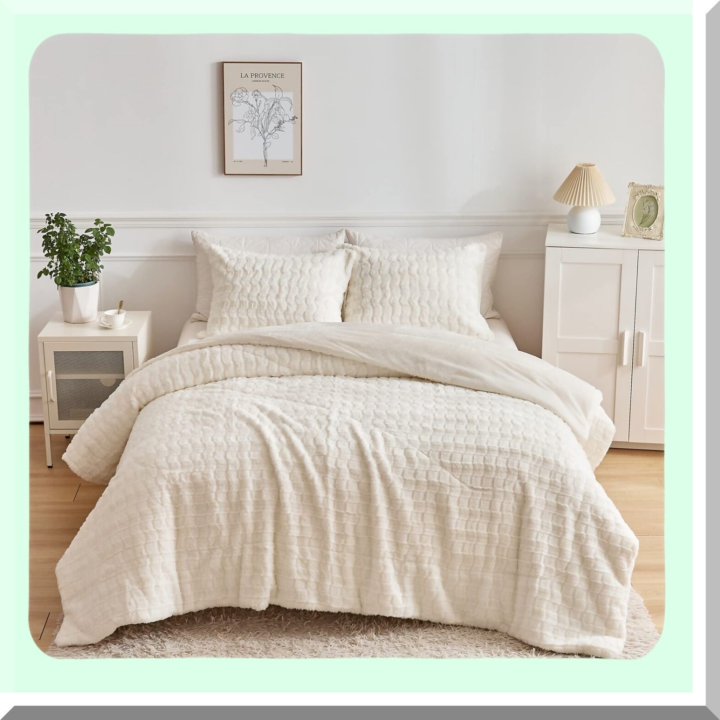 Ultra Fluffy Ivory White Rabbit Comforter Set - Luxury Plush Bedding with Rectangle Pattern - Soft Fuzzy 3 Piece Bed Set (1 Comforter + 2 Pillowcases) - Full Size